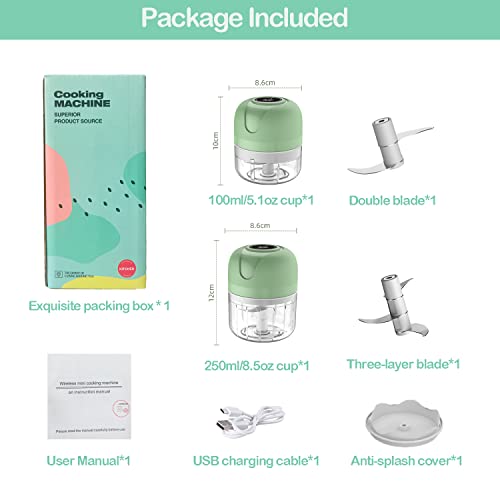 FIOUSY Mini Food Chopper, 100ML+250ML, Wireless Portable Electric Garlic Chopper, USB Charging, Easy to Clean, Food Processor for Baby Food/Peppers/Onions/Garlic/Vegetable/Chili/Meat/Nuts(White)