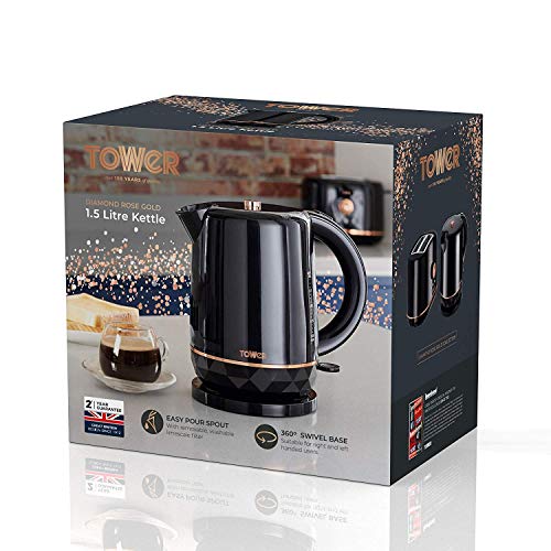 Tower T10038B Cordless Jug Kettle with Boil Dry Protection, Automatic Switch Off, 360 Degree Swivel Base, 1.5 Litre, 2200 W, Black and Rose Gold
