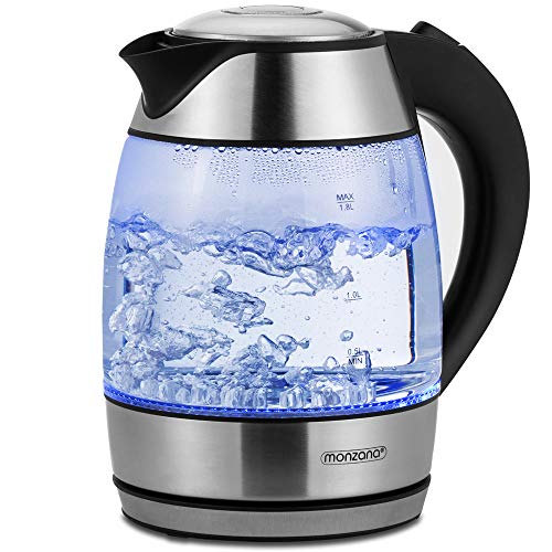 Monzana Electric See Through Glass Kettle 1.8L Cordless with Blue Light Up Illuminating LED for Tea and Water, Fast and Quiet Boil | Stainless Steel | Filter | Boil-Dry Protection | BPA Free | 2200W