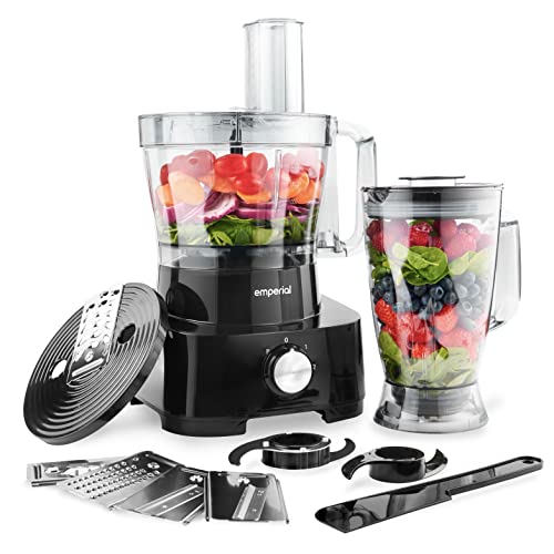 Emperial 1000W Food Processor and Blender - 3.5L Bowl, 1.8L Jug - Multifunctional 8in1 Chopper, Mixer with Dough Blade, Spatula, Shredder, Grater & Slicer - Features 2 Speeds + Pulse Control