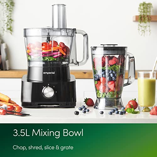 Emperial 1000W Food Processor and Blender - 3.5L Bowl, 1.8L Jug - Multifunctional 8in1 Chopper, Mixer with Dough Blade, Spatula, Shredder, Grater & Slicer - Features 2 Speeds + Pulse Control
