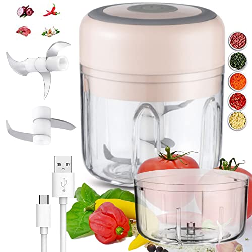 Joyeee Electric Mini Food Chopper,(250ML+100ML)Wireless Portable USB Charging Electric Garlic Chopper,Small Food Processor with Brush, for Onion, Peanut, Ginger, Chili,Meat
