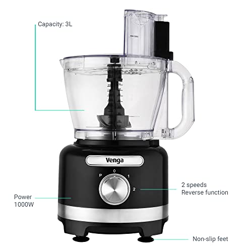 Venga! 8-in-1 Food Processor, 3 L Bowl, 1.75 L Blender, 2 Speed Settings, Pulse Setting, 1000 W, Black/Silver, VG HA 3001 BS