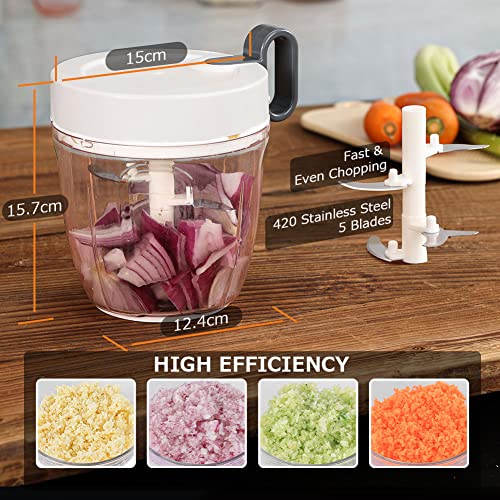Onion Chopper Manual Food Chopper and Processors, 900ml, Rotary Onion Dicer Chopper with 5 Blades, Vegetable Chopper Salad Chopper