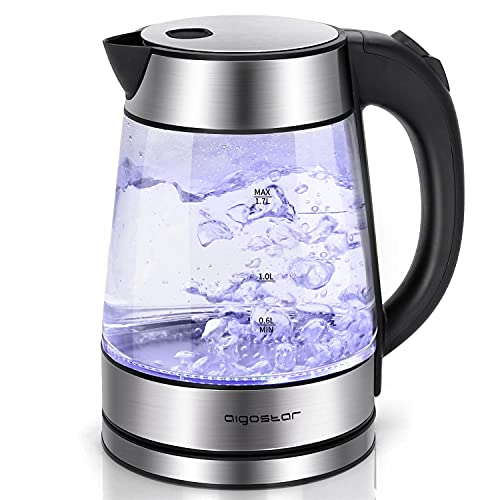 Aigostar Glass Kettle with LED lighting, 2200W, 1.7L, Boil-Dry Protection, BPA Free, Black and Silver, Quiet Boiling - Chubby 30LDA.