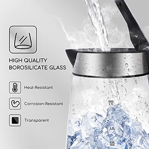 Aigostar Glass Kettle with LED lighting, 2200W, 1.7L, Boil-Dry Protection, BPA Free, Black and Silver, Quiet Boiling - Chubby 30LDA.