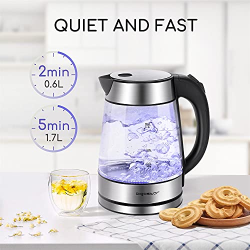 Aigostar Glass Kettle with LED lighting, 2200W, 1.7L, Boil-Dry Protection, BPA Free, Black and Silver, Quiet Boiling - Chubby 30LDA.