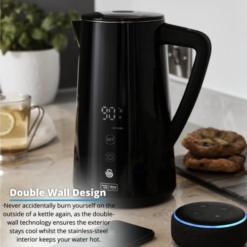 Swan Alexa Smart Kettle, Amazon Exclusive, LED Touch Display, Keep Warm Function, Stainless Steel Insulated Wall, 1800W, Black, SK14650BLKN
