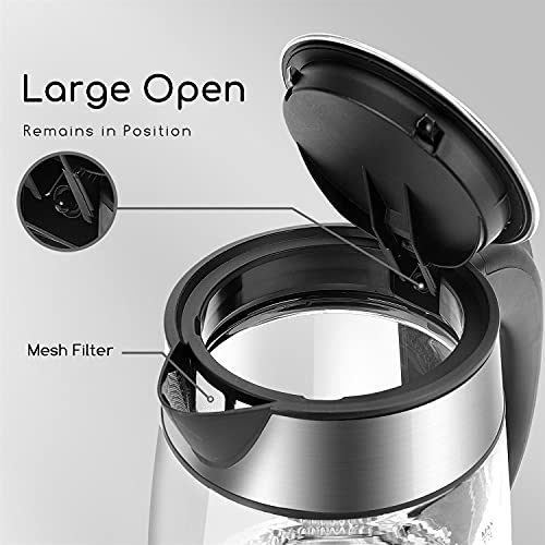 Aigostar Glass Kettle with LED lighting, 2200W, 1.7L, Boil-Dry Protection, BPA Free, Black and Silver, Quiet Boiling - Chubby 30LDA.