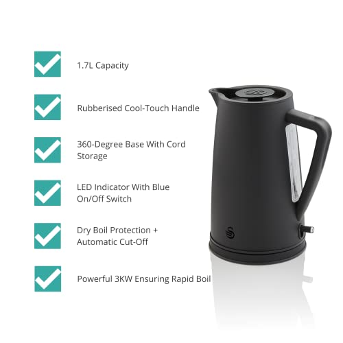 Swan Stealth 1.7 Litre Kettle, Matte Black, Rapid Boil, Streamlined Design, SK14640BLKN
