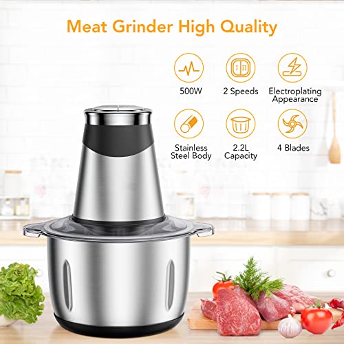 SXYCMY Mini Food Chopper, 2.2L Capacity Electric Food Processor, 2 Speeds Meat Grinder, 3D Stainless Steel Blades, 500W Motor Food Chopper for Vegetables, Meat, Onions, Fruits