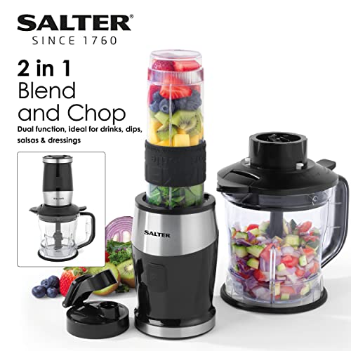 Salter EK5029 2 in 1 Electric Jug Blender & Mini Chopper,1.2L Bowl, 570ml Drinks Bottle for Sports/Gym, Dual Function Processor, Smoothies/Sauces, BPA-Free, Mix & Chop Dips/Salsa, One Touch Operation
