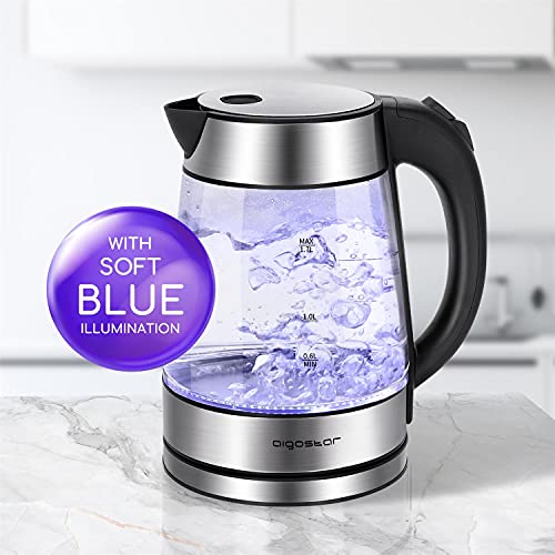 Aigostar Glass Kettle with LED lighting, 2200W, 1.7L, Boil-Dry Protection, BPA Free, Black and Silver, Quiet Boiling - Chubby 30LDA.