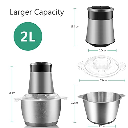 Mini Chopper Electric Food Processor: Kitchen Mixer with 2l Foods Capacity Stainless Steel Bowl Meat Mincer 2 Speeds 4 Bi-Level Blades 350w Blender, for Meat Onion Vegetable Nut (J-09)