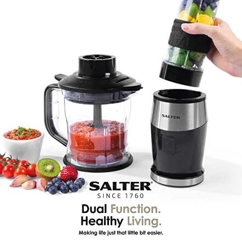 Salter EK5029 2 in 1 Electric Jug Blender & Mini Chopper,1.2L Bowl, 570ml Drinks Bottle for Sports/Gym, Dual Function Processor, Smoothies/Sauces, BPA-Free, Mix & Chop Dips/Salsa, One Touch Operation