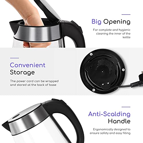 Aigostar Glass Kettle with LED lighting, 2200W, 1.7L, Boil-Dry Protection, BPA Free, Black and Silver, Quiet Boiling - Chubby 30LDA.