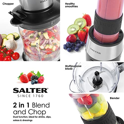 Salter EK5029 2 in 1 Electric Jug Blender & Mini Chopper,1.2L Bowl, 570ml Drinks Bottle for Sports/Gym, Dual Function Processor, Smoothies/Sauces, BPA-Free, Mix & Chop Dips/Salsa, One Touch Operation