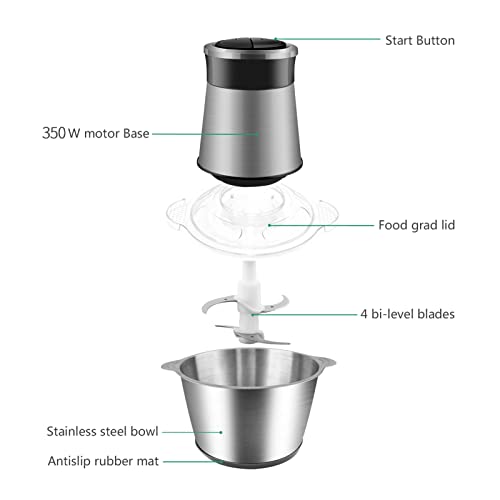 Mini Chopper Electric Food Processor: Kitchen Mixer with 2l Foods Capacity Stainless Steel Bowl Meat Mincer 2 Speeds 4 Bi-Level Blades 350w Blender, for Meat Onion Vegetable Nut (J-09)
