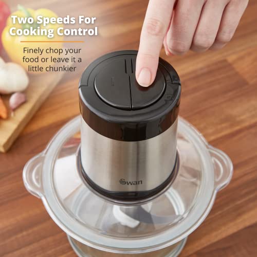 Swan Electric Food Chopper, Food Processor, 1.8L Glass Bowl, 26000 RPM Motor, Stainless Steel Blade & Beating Blade, Anti-slip Removeable Mat, 2 Speed Settings, Stainless Steel, SP42010N