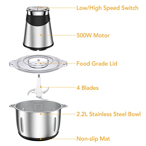SXYCMY Mini Food Chopper, 2.2L Capacity Electric Food Processor, 2 Speeds Meat Grinder, 3D Stainless Steel Blades, 500W Motor Food Chopper for Vegetables, Meat, Onions, Fruits