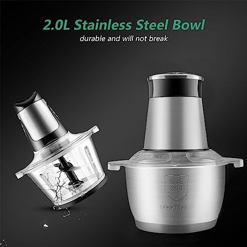 Mini Chopper Electric Food Processor: Kitchen Mixer with 2l Foods Capacity Stainless Steel Bowl Meat Mincer 2 Speeds 4 Bi-Level Blades 350w Blender, for Meat Onion Vegetable Nut (J-09)