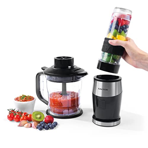 Salter EK5029 2 in 1 Electric Jug Blender & Mini Chopper,1.2L Bowl, 570ml Drinks Bottle for Sports/Gym, Dual Function Processor, Smoothies/Sauces, BPA-Free, Mix & Chop Dips/Salsa, One Touch Operation