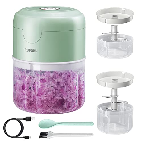 Electric Mini Food Chopper,RUPOHU USB Charging Mini Electric Garlic Chopper,Small Food Processor with Brush,Used for Onion Garlic Pepper Vegetable Meat Mincer/Grinder/Puree Food（100+250ml) (Green)