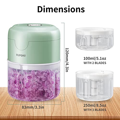 Electric Mini Food Chopper,RUPOHU USB Charging Mini Electric Garlic Chopper,Small Food Processor with Brush,Used for Onion Garlic Pepper Vegetable Meat Mincer/Grinder/Puree Food（100+250ml) (Green)