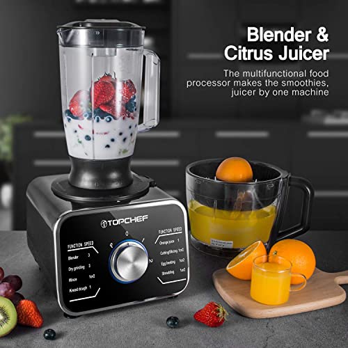Topchef 1100W Multifunctional Food Processor - Mixer, Crusher, Grinder, Citrus Juicer, Kneading Dough Blades with 3.2 L Bowl, 1.5 L Mixing Cup Black