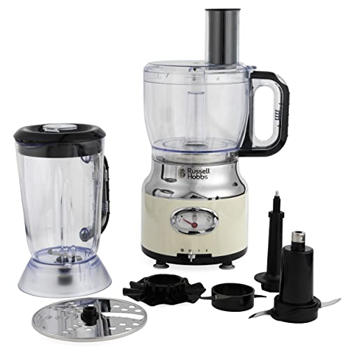 Russell Hobbs 25182 Retro Food Processor, Dishwasher Safe 1.7 L Bowl/1.5 L Jug, Retro Dial Display, With Slicing, Creaming, Dough Attachments, 2 Speed Settings And Pulse, Vintage Design, 850 W, Cream