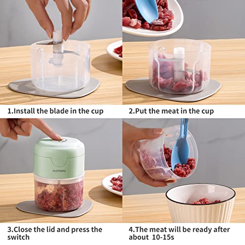 Electric Mini Food Chopper,RUPOHU USB Charging Mini Electric Garlic Chopper,Small Food Processor with Brush,Used for Onion Garlic Pepper Vegetable Meat Mincer/Grinder/Puree Food（100+250ml) (Green)