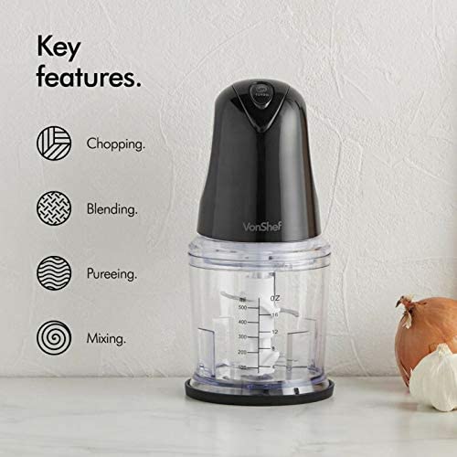 VonShef Mini Chopper 500ml – Electric Food Chopper, Small Food Processor, Vegetable Cutter, Mixer & Dicer, 400W, 2 Speeds, Plastic Bowl & Stainless-Steel Blades, Non-Slip Base – Black