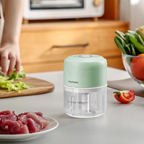 Electric Mini Food Chopper,RUPOHU USB Charging Mini Electric Garlic Chopper,Small Food Processor with Brush,Used for Onion Garlic Pepper Vegetable Meat Mincer/Grinder/Puree Food（100+250ml) (Green)