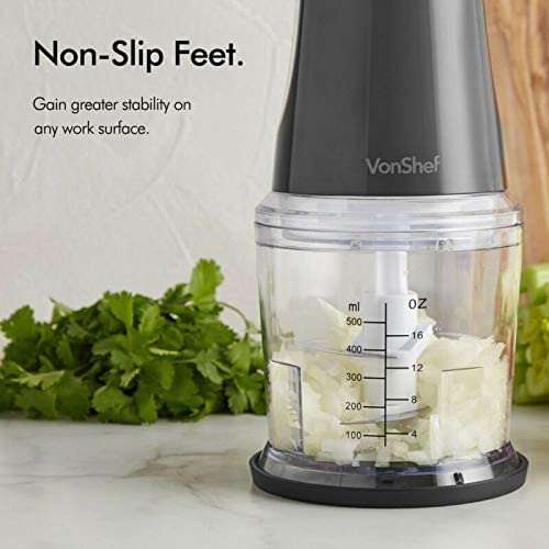 VonShef Mini Chopper 500ml – Electric Food Chopper, Small Food Processor, Vegetable Cutter, Mixer & Dicer, 400W, 2 Speeds, Plastic Bowl & Stainless-Steel Blades, Non-Slip Base – Black