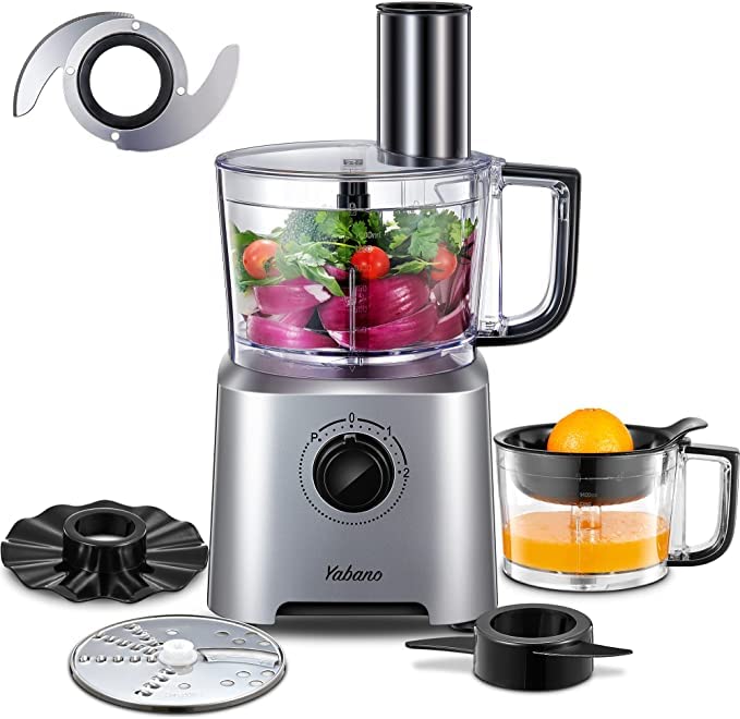 Yabano Food Processor, 1.4 Litre Food Mixer with 6 Chopping, Slicing and Dough Attachments, 700 W, Silver