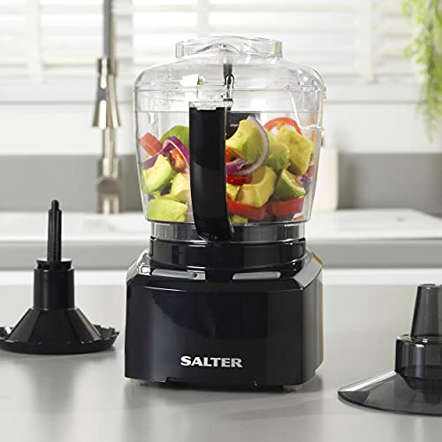 Salter EK3171 8 In 1 Compact Food Processor, Prep Pro Mini Electric Food Chopper, 1L BPA-Free Easy Pour Jug, Stir, Mix, Blend, Chop, Whip & Grind, Stainless Steel Bi-Directional Blade, 200W, Black