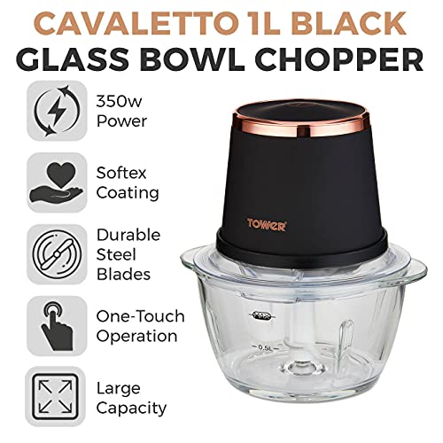Tower Cavaletto T12058RG Glass Bowl Chopper, 1L, 350W, Black and Rose Gold