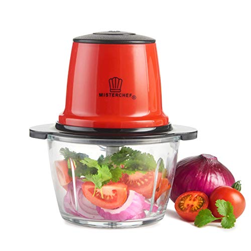 MisterChef® Red Mini Chopper Mini Food Processor 3 bi-Level Blades - Energy Saver 200W with Turbo - 1.5L Food Capacity Glass Bowl - 2 Year Warranty - Metallic Red