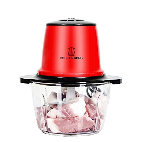 MisterChef® Red Mini Chopper Mini Food Processor 3 bi-Level Blades - Energy Saver 200W with Turbo - 1.5L Food Capacity Glass Bowl - 2 Year Warranty - Metallic Red