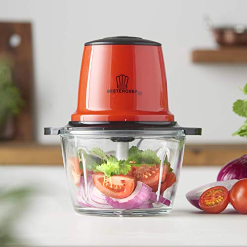 MisterChef® Red Mini Chopper Mini Food Processor 3 bi-Level Blades - Energy Saver 200W with Turbo - 1.5L Food Capacity Glass Bowl - 2 Year Warranty - Metallic Red