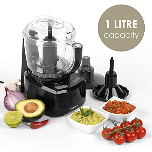 Salter EK3171 8 In 1 Compact Food Processor, Prep Pro Mini Electric Food Chopper, 1L BPA-Free Easy Pour Jug, Stir, Mix, Blend, Chop, Whip & Grind, Stainless Steel Bi-Directional Blade, 200W, Black