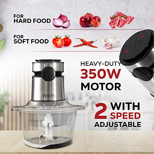 Daifort Electric Mini Food Processor 1.2 L, 2 speeds Powerful 350W Silent Motor & Glass Container with Non-Slip Base,Steel Blades, Chopper Slicer Dicer for Veggies Onions Garlic Nuts Salads-Food Grade