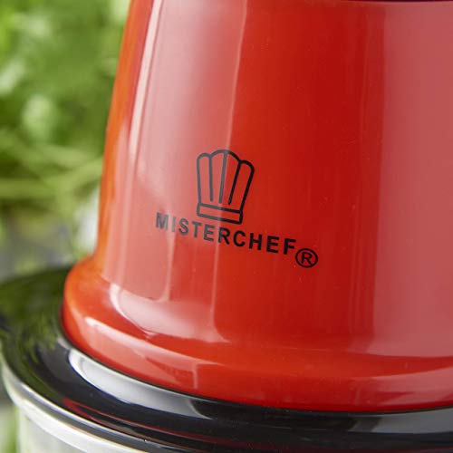 MisterChef® Red Mini Chopper Mini Food Processor 3 bi-Level Blades - Energy Saver 200W with Turbo - 1.5L Food Capacity Glass Bowl - 2 Year Warranty - Metallic Red