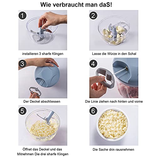 Hand Chopper Manual Food Processor, Pull String to Slice Vegetables,Onions, Tomato, Meat in Seconds,Curved Stainless Steel Removable Blades Non-Slip Base Food Chopper(520ml)