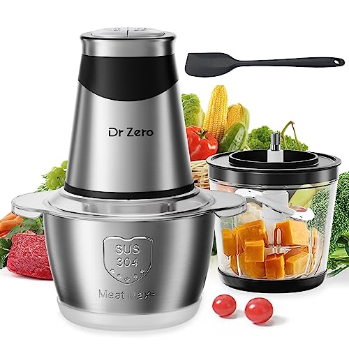 DR.ZERO Food Processors with 2 Bowls, Mini Chopper Electric Food Chopper 4 Bi-Level Blades, 2 Speed, 1.2l and 0.6l, Meat Mincer 500W for Baby Food, Meat, Onion, Vegetables, Nut