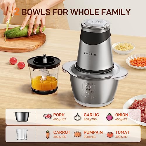DR.ZERO Food Processors with 2 Bowls, Mini Chopper Electric Food Chopper 4 Bi-Level Blades, 2 Speed, 1.2l and 0.6l, Meat Mincer 500W for Baby Food, Meat, Onion, Vegetables, Nut
