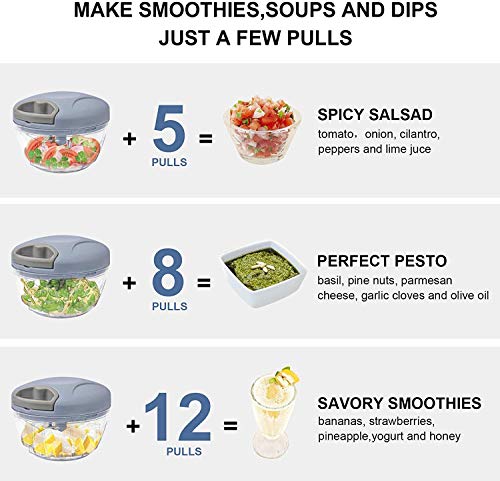 Hand Chopper Manual Food Processor, Pull String to Slice Vegetables,Onions, Tomato, Meat in Seconds,Curved Stainless Steel Removable Blades Non-Slip Base Food Chopper(520ml)