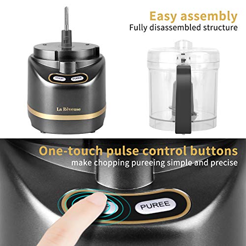 La Reveuse Electric Mini Food Processor with 200 Watts,2-Cup Prep Bowl for Mincing,Chopping,Grinding,Blending,Pureeing (Metallic Grey)