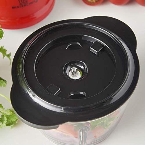 MisterChef® Red Mini Chopper Mini Food Processor 3 bi-Level Blades - Energy Saver 200W with Turbo - 1.5L Food Capacity Glass Bowl - 2 Year Warranty - Metallic Red
