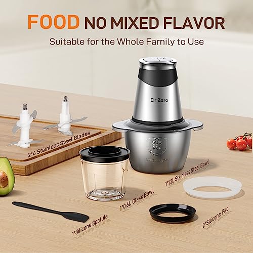 DR.ZERO Food Processors with 2 Bowls, Mini Chopper Electric Food Chopper 4 Bi-Level Blades, 2 Speed, 1.2l and 0.6l, Meat Mincer 500W for Baby Food, Meat, Onion, Vegetables, Nut